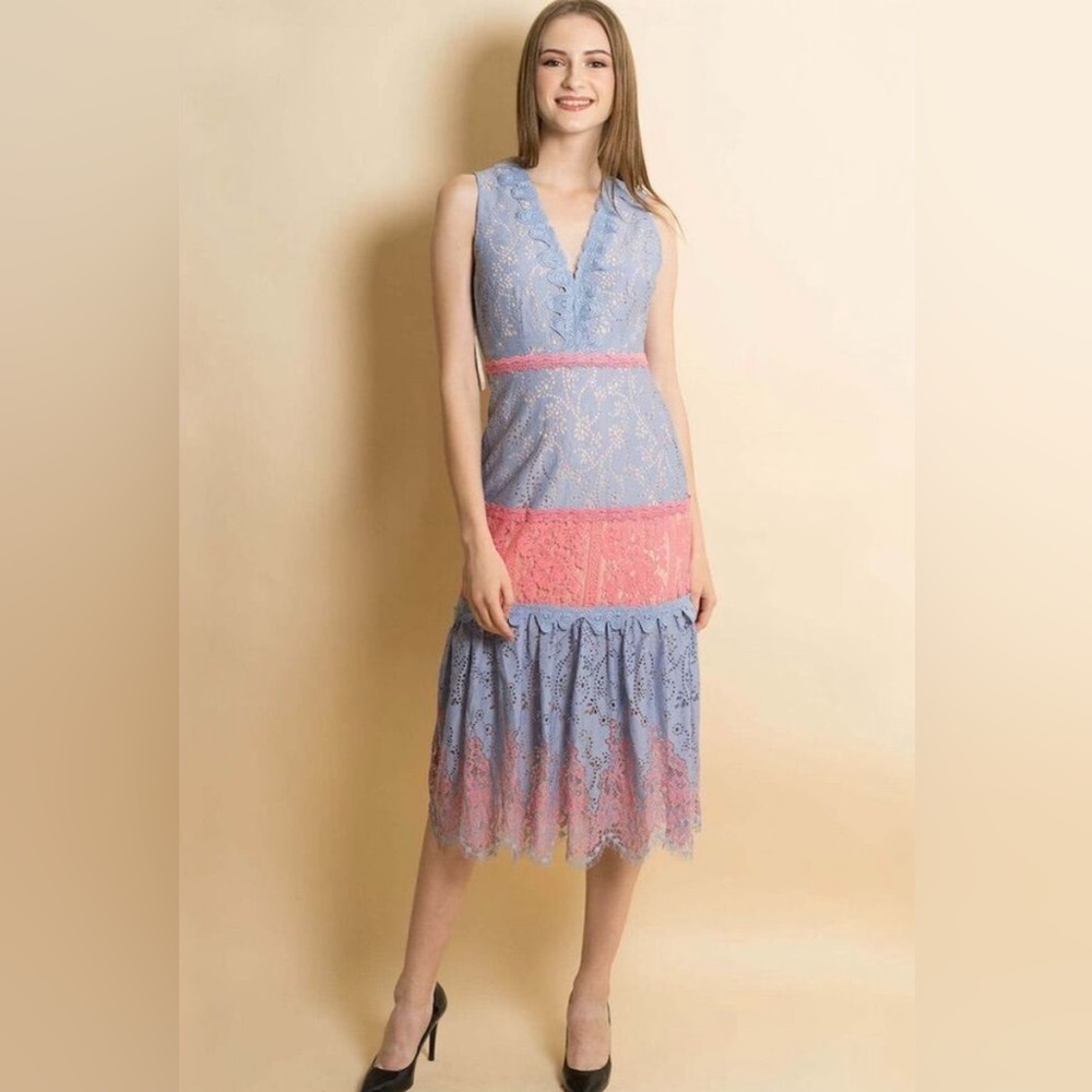 Foxiedox Women's XS Colorblock Lace Dress Red & Blue Knee Length